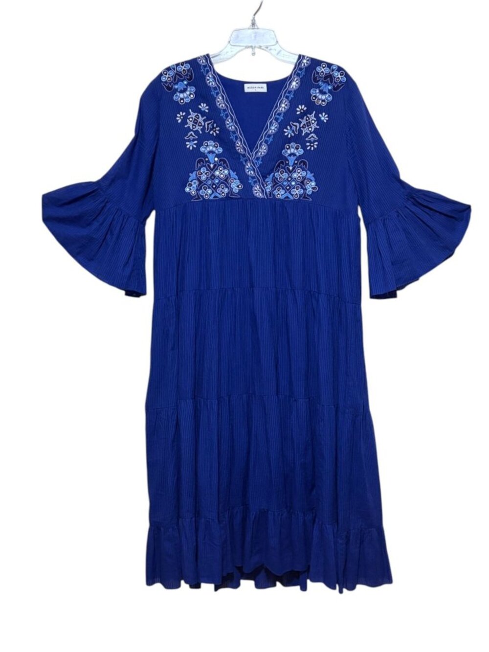 Megan Park Cobalt Blue Cotton Midi Dress Tiered Embroidered Mirror Beads India - Picture 3 of 9